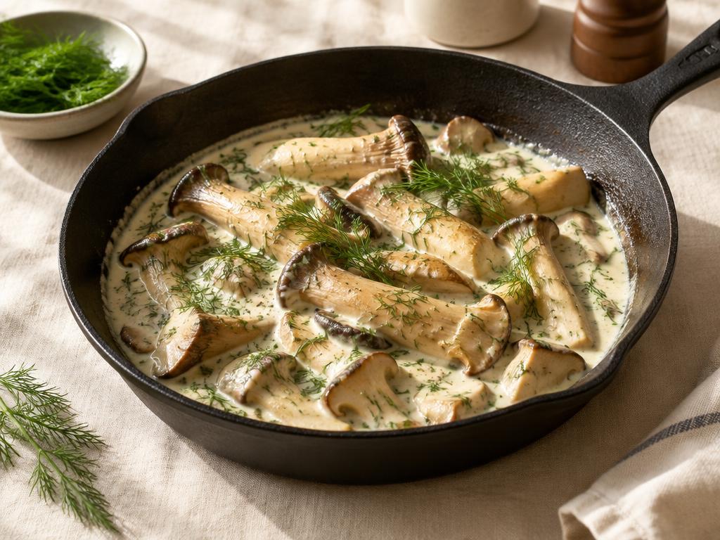 King oyster mushrooms in a sour cream sauce