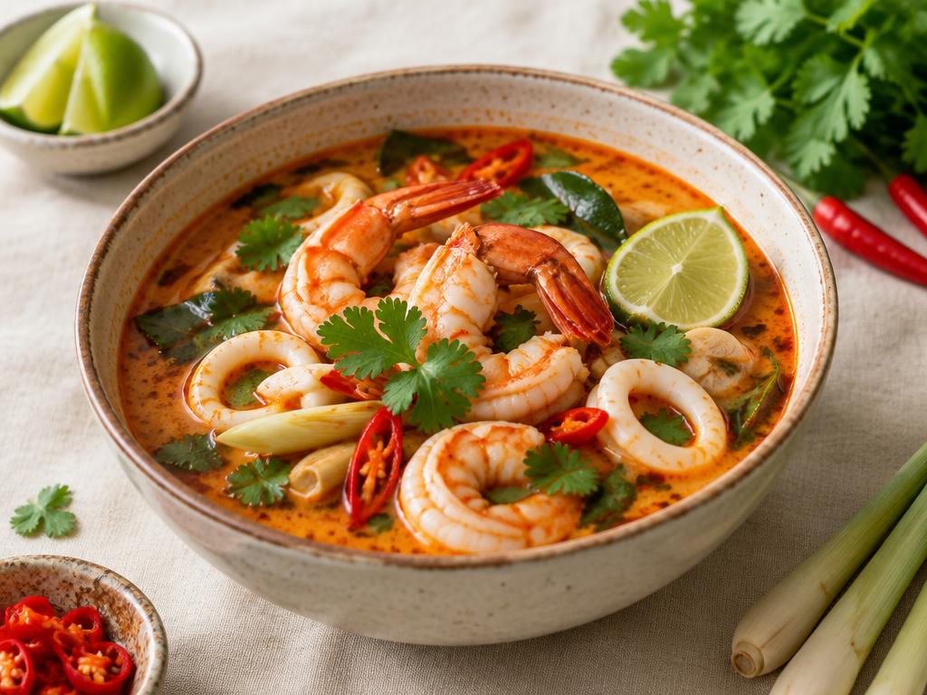 Tom Yum with king prawns and calamari